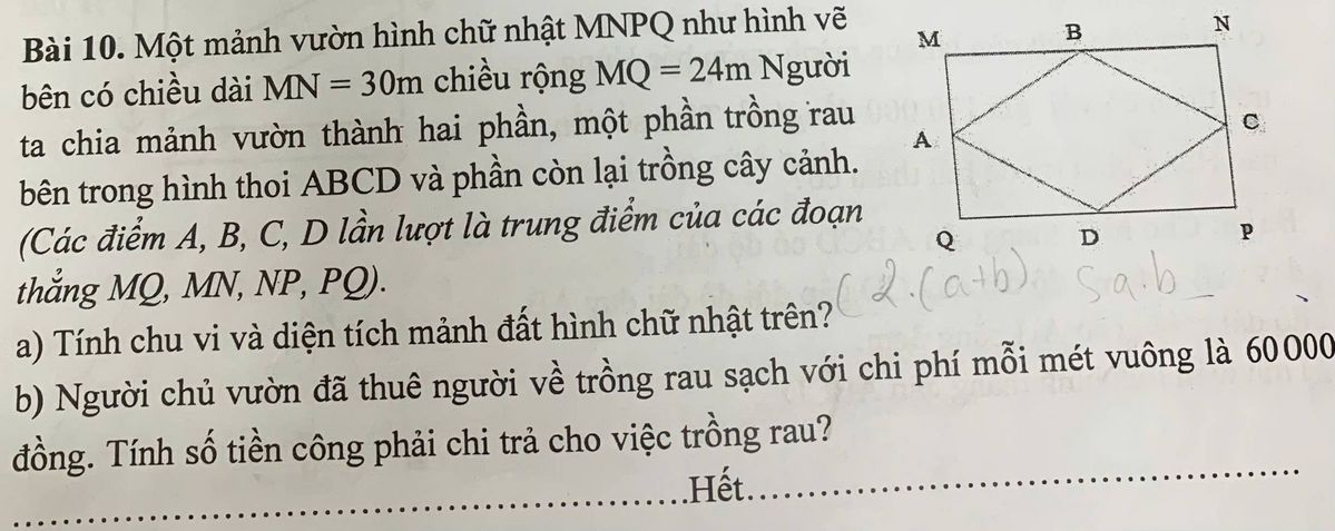 Hình vẽ mảnh vườn hình chữ nhật MNPQ với hình thoi ABCD nội tiếp, A B C D là trung điểm các cạnh