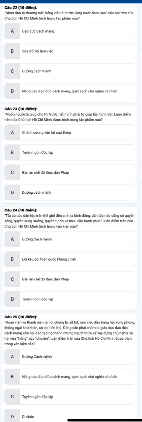 Đề trắc nghiệm: câu nói 'Đảng viên đi trước, làng nước theo sau' của Chủ tịch Hồ Chí Minh trích trong tác phẩm nào