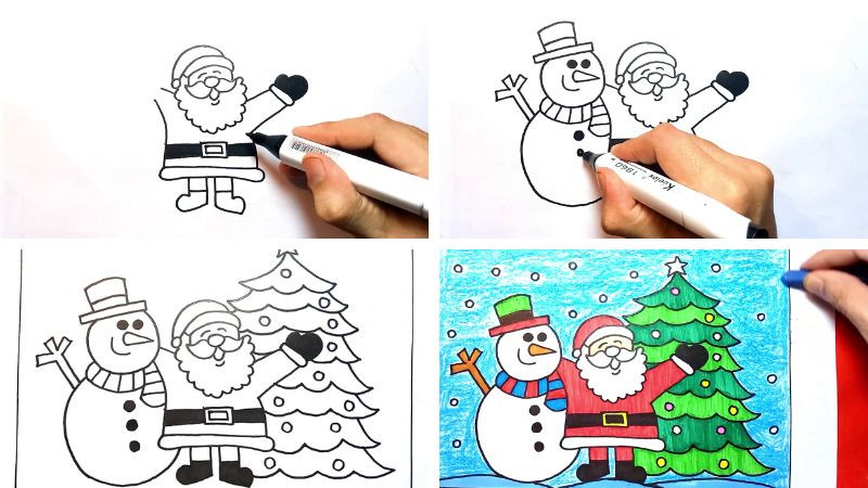 Cảnh lễ hội Noel nhộn nhịp với cây thông, hộp quà và tuyết rơi