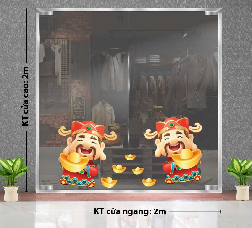 Hai ông Thần Tài ôm vàng và chữ "Đón Chào" trang trí Tết