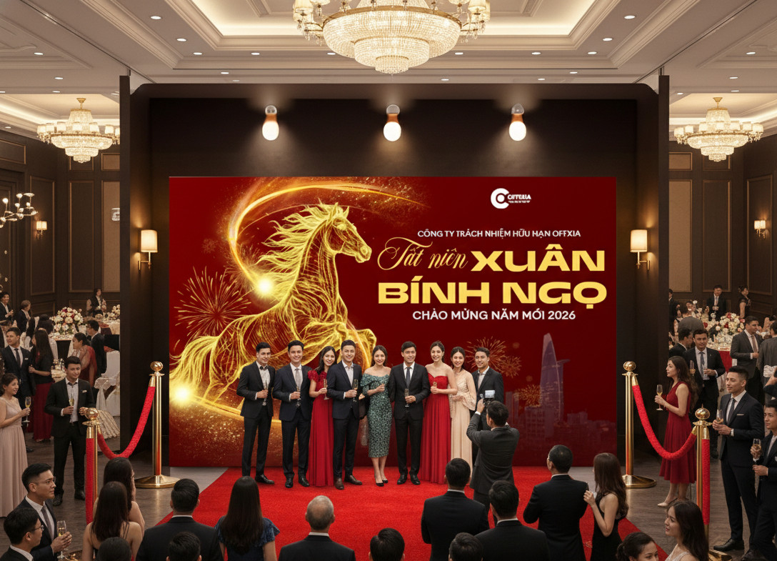Backdrop Year End Party 2026 đẹp và ấn tượng thể hiện tinh thần thương hiệu
