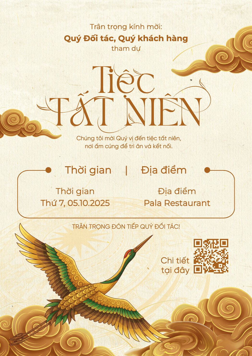Thiệp mời Tất niên mang phong cách truyền thống với tông màu vàng ánh kim sang trọng