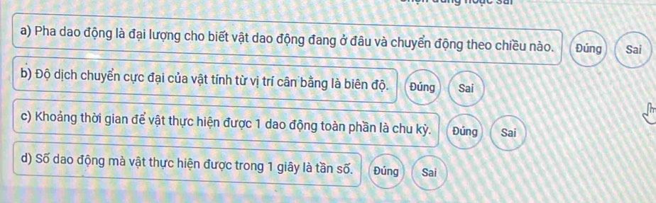 Đề bài đúng sai về pha dao động, biên độ, chu kỳ và tần số của dao động điều hòa