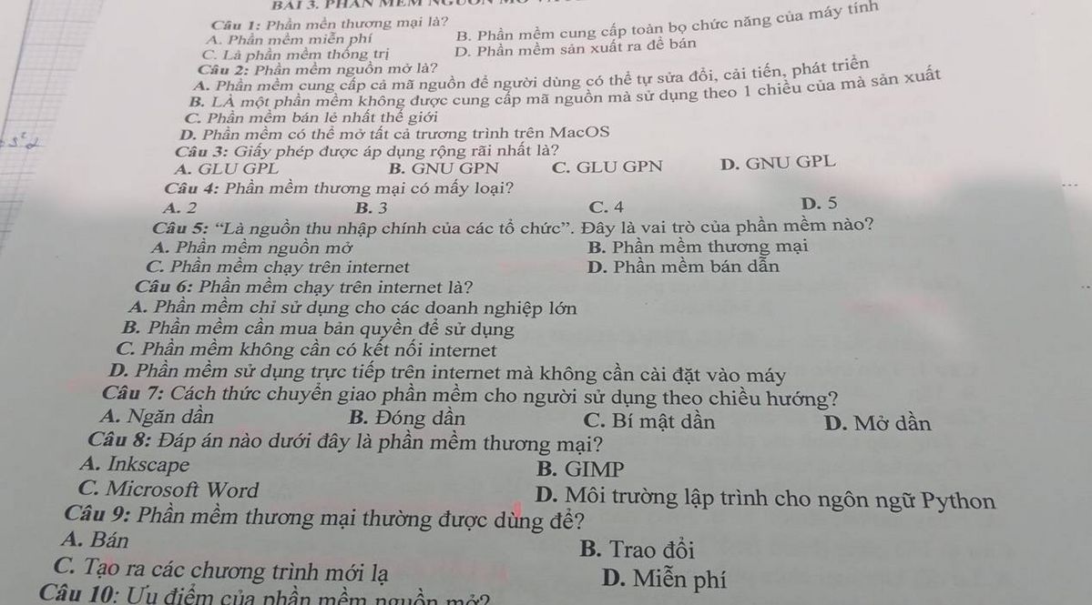 Đáp án trắc nghiệm Phần mềm thương mại là gì kèm các câu hỏi về phần mềm nguồn mở