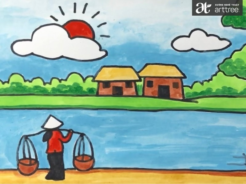 Cảnh chợ chiều nhộn nhịp tại làng quê vào mùa hè