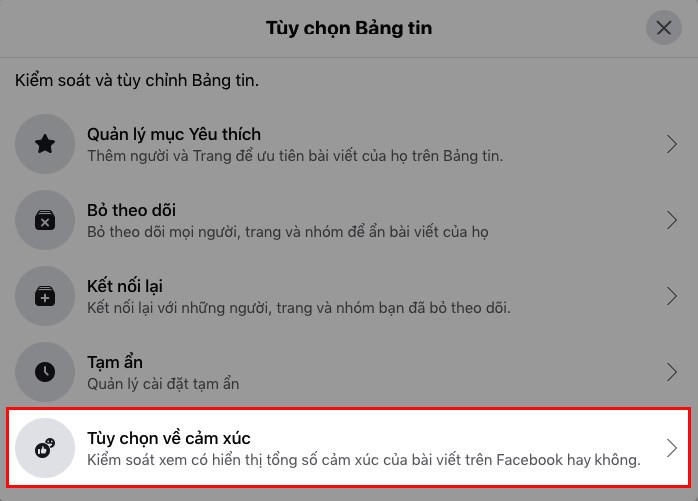 Truy cập mục tùy chọn về cảm xúc trên Facebook bản máy tính