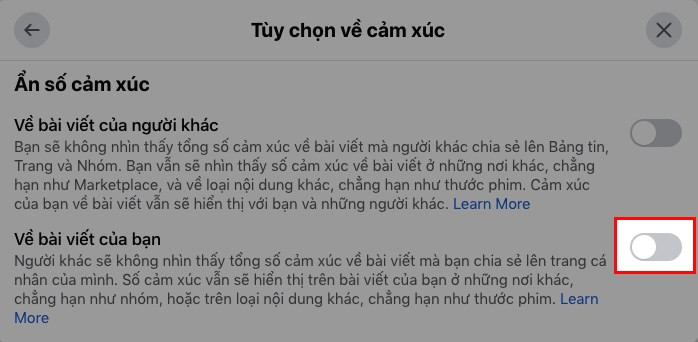 Bật nút gạt để ẩn lượt like trên Facebook bằng máy tính