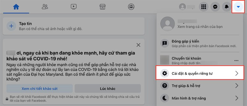Mở menu cài đặt Facebook trên máy tính từ biểu tượng góc phải
