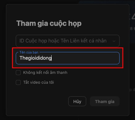 Ô nhập tên trước khi tham gia cuộc họp Zoom trên máy tính