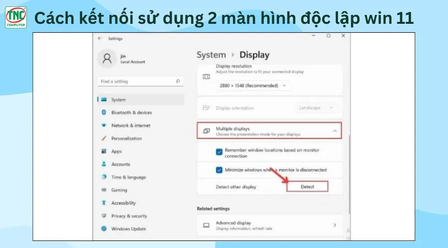 Tùy chọn Detect để nhận diện màn hình thứ hai trên Windows 11