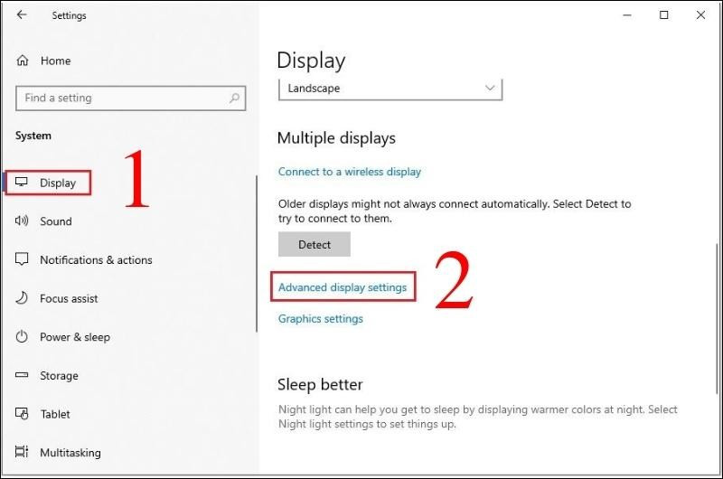 Giao diện cài đặt hiển thị nâng cao trong Windows 10 hiển thị các tùy chọn màn hình