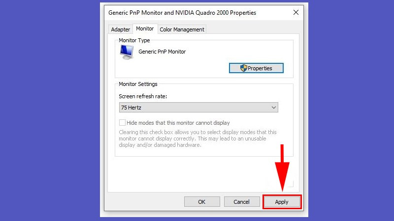 Nút Apply được nhấn để xác nhận thay đổi tần số quét trên Windows