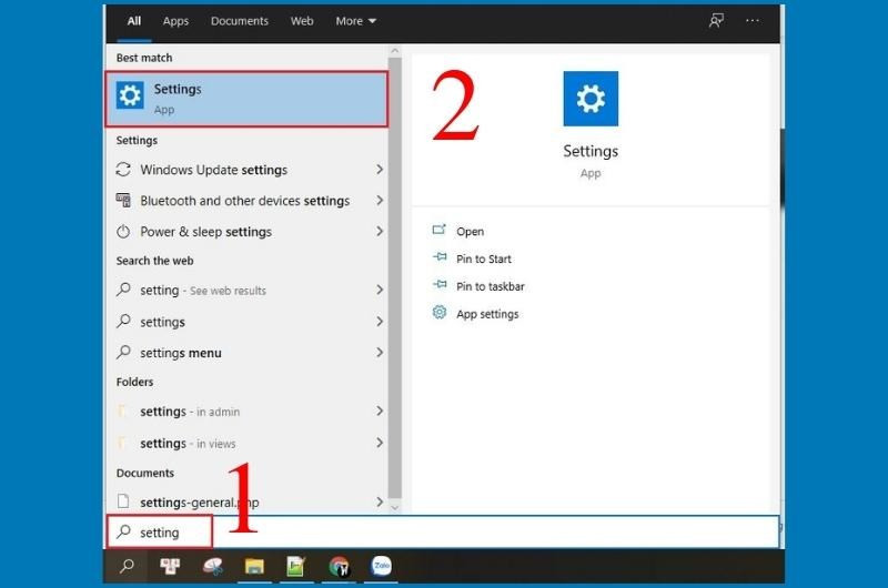 Thanh tìm kiếm Windows với từ khóa Settings được nhập để truy cập cài đặt hệ thống