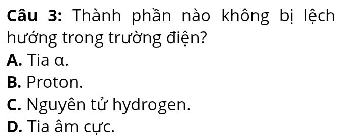 Sơ đồ so sánh độ lệch của tia α, proton, nguyên tử hydrogen và tia âm cực khi bay vào điện trường