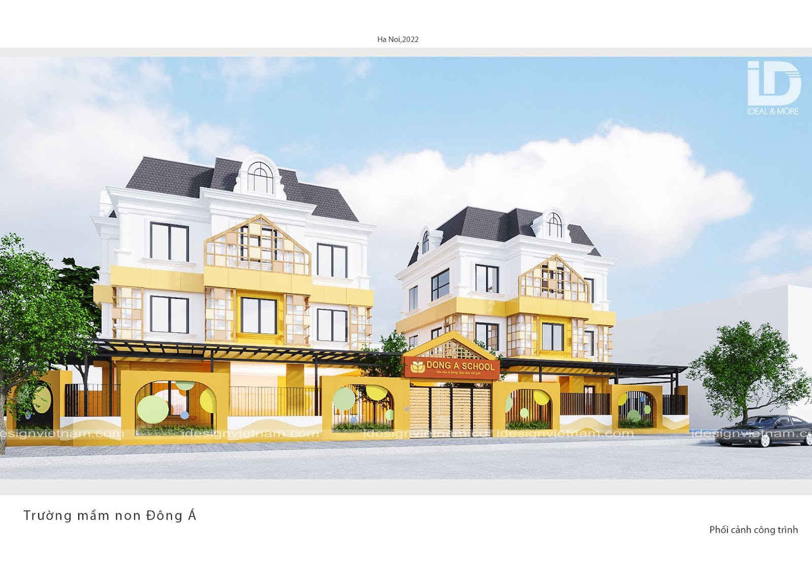 Sử dụng tone vàng chủ đạo cho tổng thể không gian cổng trường mầm non