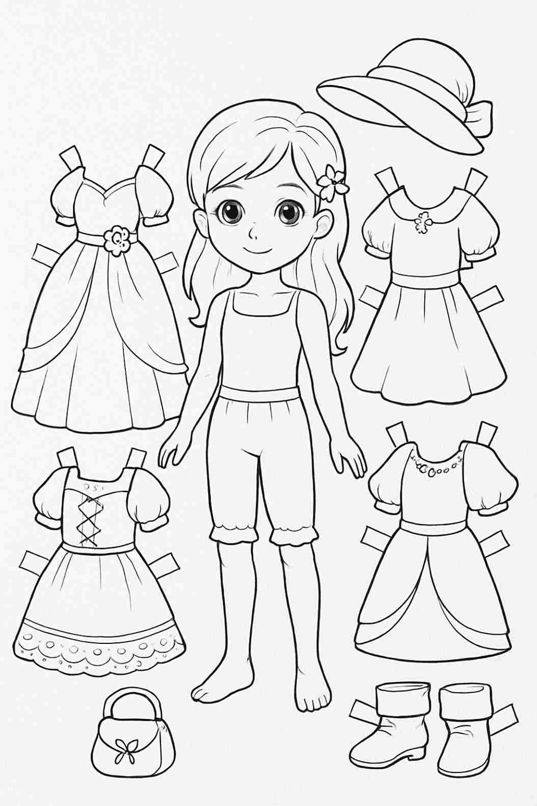 Búp bê giấy công chúa với váy xòe bồng bềnh đang chờ được tô màu