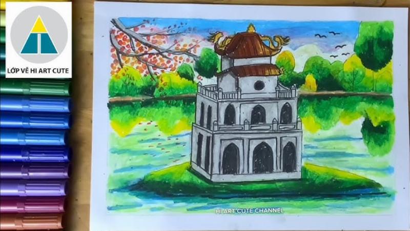 Cách phối màu xanh lục và đỏ truyền thống cho bức tranh vẽ hồ gươm đơn giản