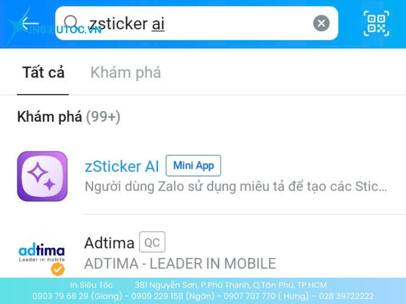 Nhập từ khóa "zSticker AI" trên thanh tìm kiếm Zalo