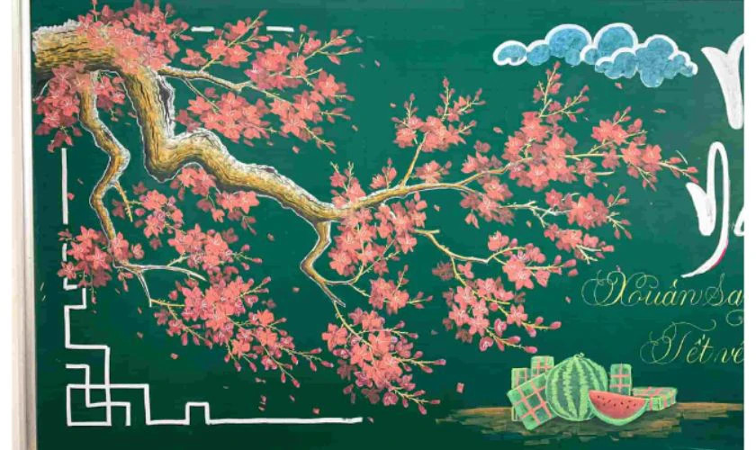Trang trí bảng Tết 2026 Bính Ngọ hình hoa đào