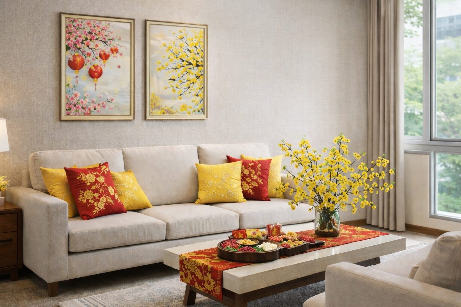 Phòng khách được trang trí Tết với sofa, bàn trà và hoa tươi