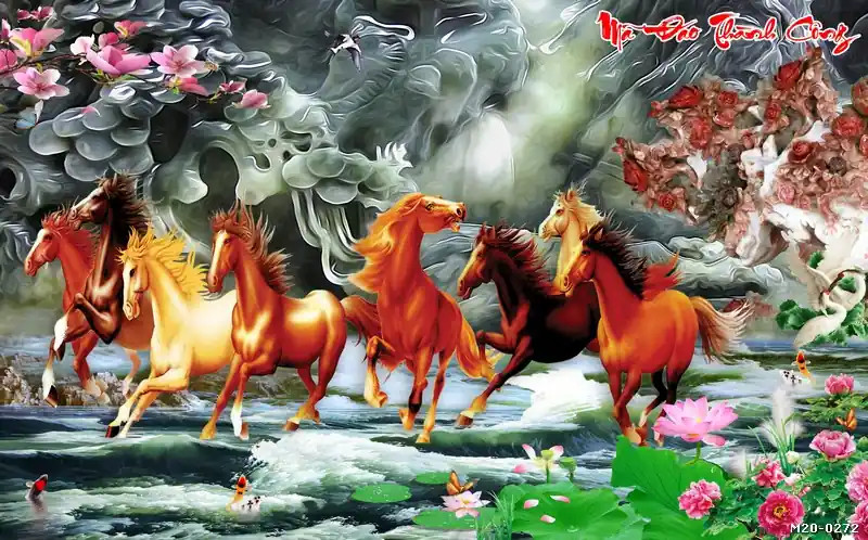 Đàn ngựa mã đáo thành công 3D phi nước đại trên thảo nguyên