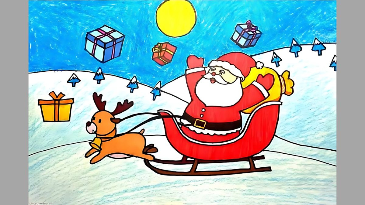 Mẫu tranh vẽ Noel đơn giản với chuông và lá thông