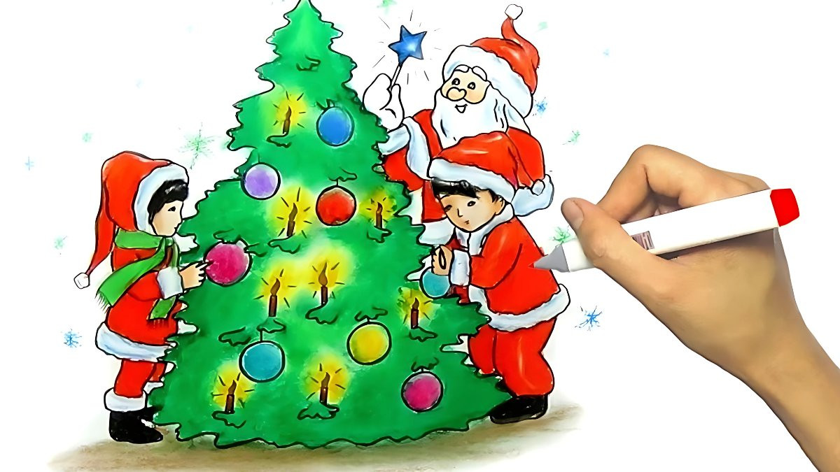 Mẫu tranh vẽ Noel đơn giản với bông tuyết và cành lá