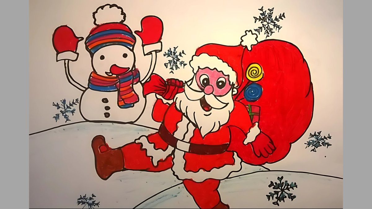 Mẫu tranh vẽ Noel đơn giản với hình người tuyết đội mũ