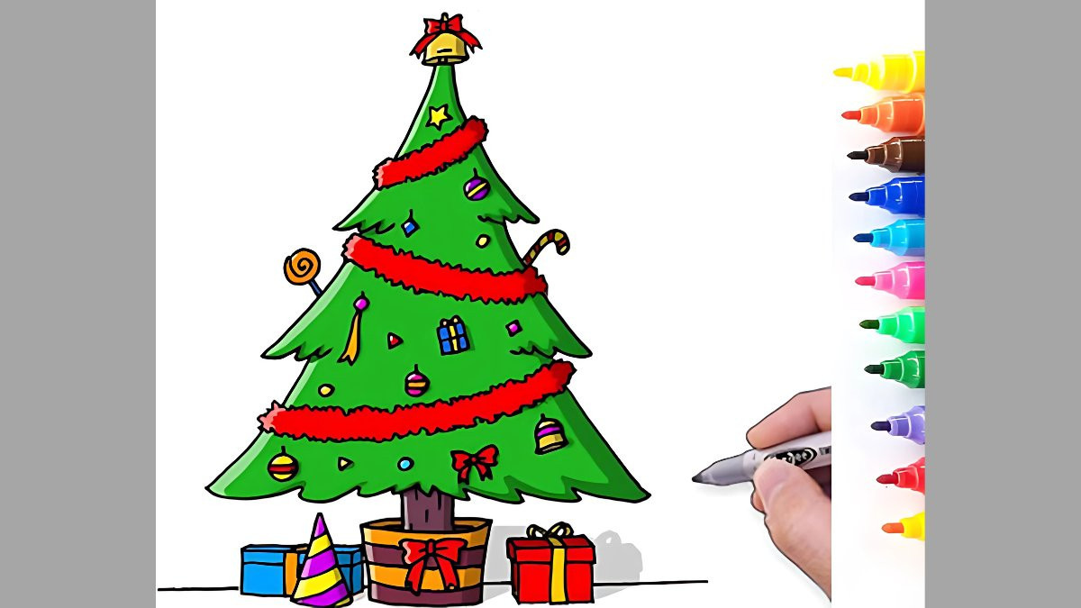 Mẫu tranh vẽ Noel đơn giản với cành lá và quả đỏ