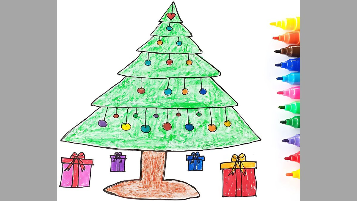 Mẫu tranh vẽ Noel đơn giản với hình ngôi sao và bông tuyết