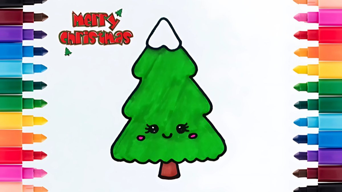 Mẫu tranh vẽ Noel đơn giản với cành thông và nơ đỏ