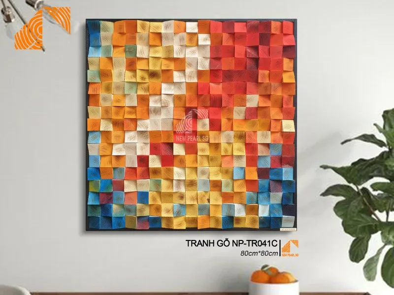 Tranh họa tiết ô vuông bàn cờ màu sắc treo phía trên ghế sofa