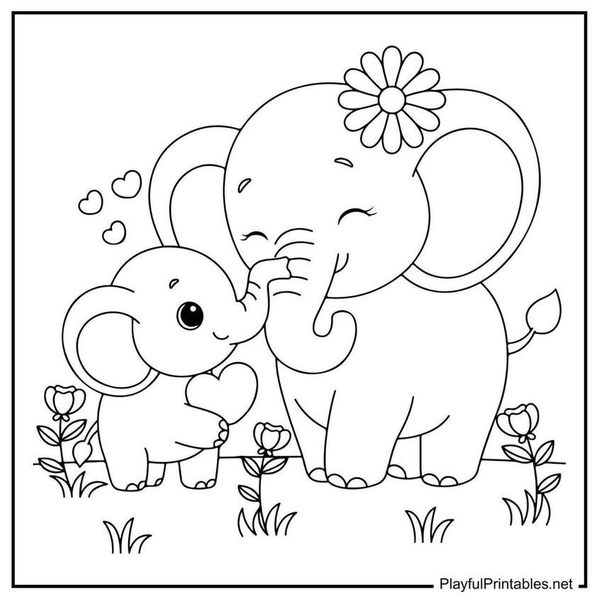 Tranh tô màu chú voi con đang chơi đùa