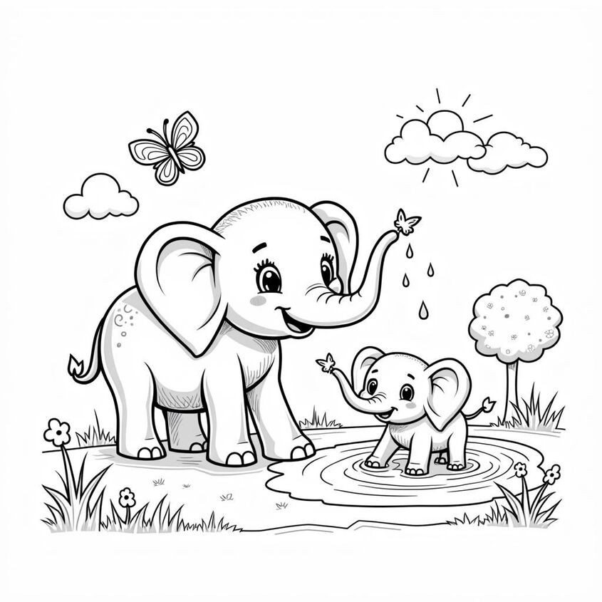 Mẫu tranh tô màu chú voi con vui vẻ với chiếc vòi dài tinh nghịch