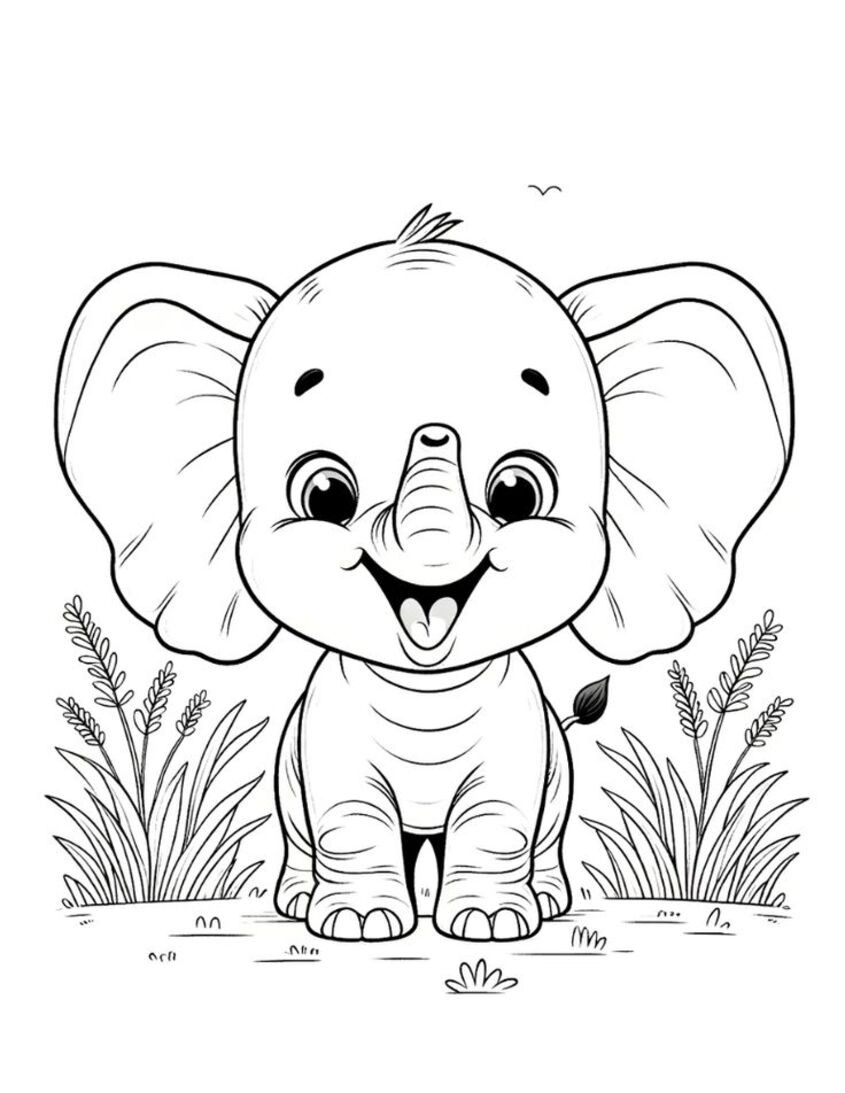 Tranh tô màu voi trong vườn hoa