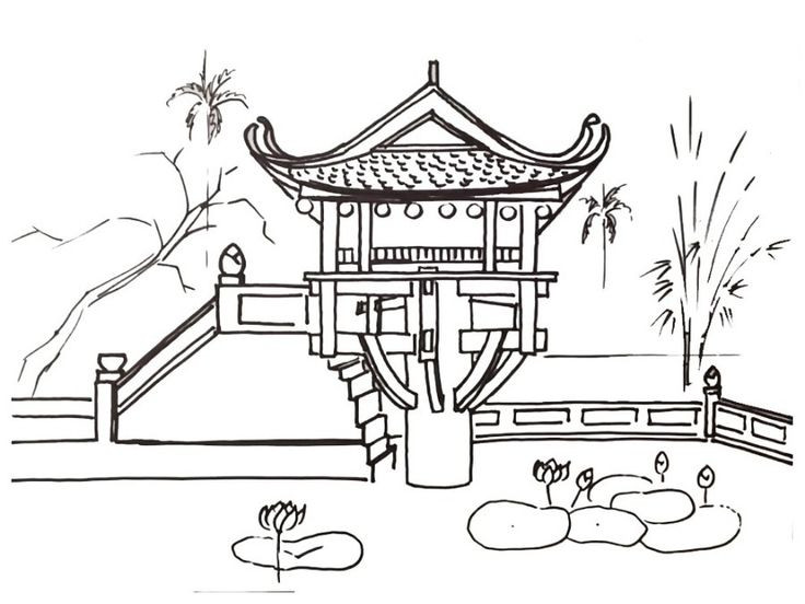 Góc nhìn tổng thể Chùa Một Cột qua nét vẽ của học sinh, nhấn mạnh kiến trúc độc đáo
