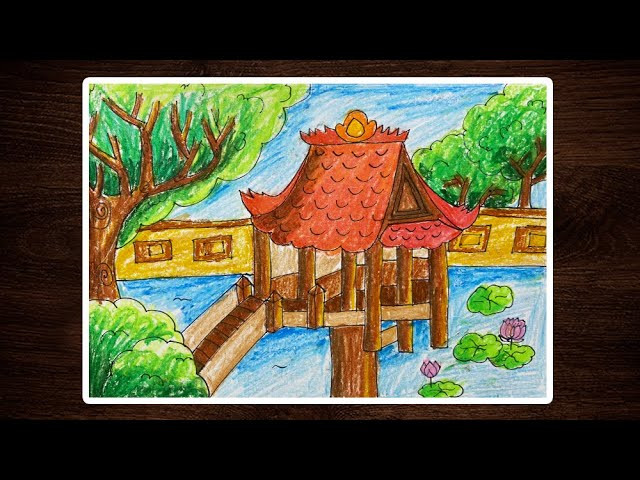 Học sinh trung học vẽ Chùa Một Cột với nhiều chi tiết và màu sắc phối hợp