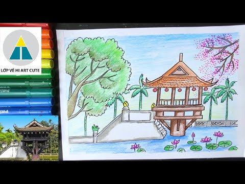 Tranh vẽ Chùa Một Cột với cây cối và hồ nước bao quanh, tạo cảm giác yên bình
