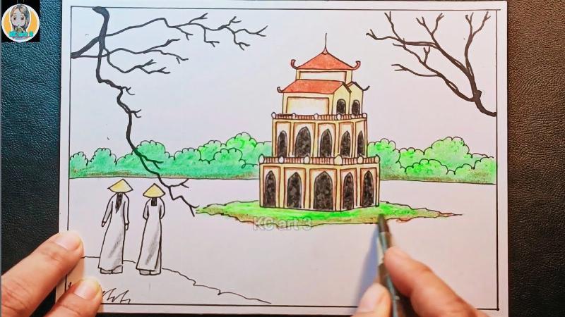 Bức tranh vẽ hồ gươm đơn giản với những nét phác thảo cơ bản về Tháp Rùa và mặt hồ tĩnh lặng