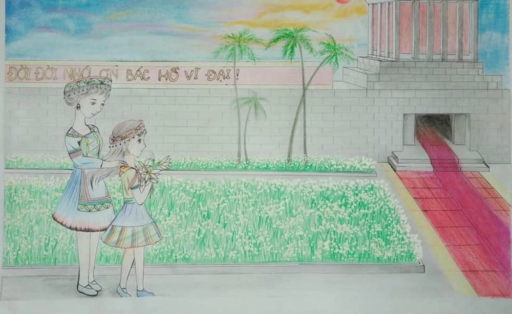 Bức tranh học sinh vẽ Lăng Bác với nét vẽ đơn giản và màu sắc tươi sáng