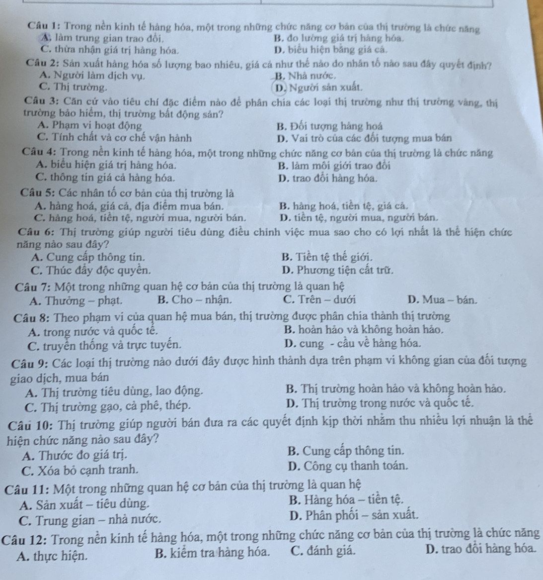Bài trắc nghiệm về chức năng cơ bản của thị trường trong nền kinh tế hàng hóa kèm đáp án