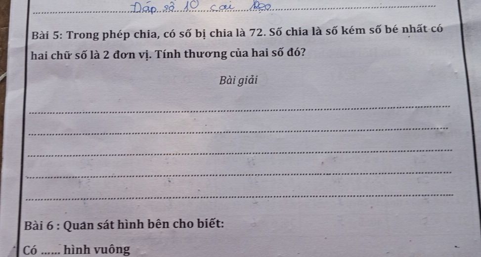 Đề bài phép chia có số bị chia là 72, số chia kém số bé nhất có hai chữ số 2 đơn vị, tính thương