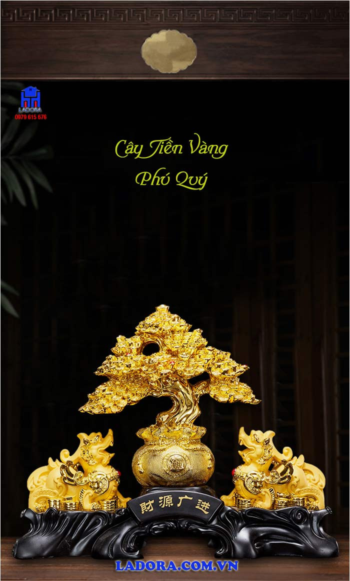 Cây tiền vàng phú quý với đôi Tỳ Hưu hút tài lộc