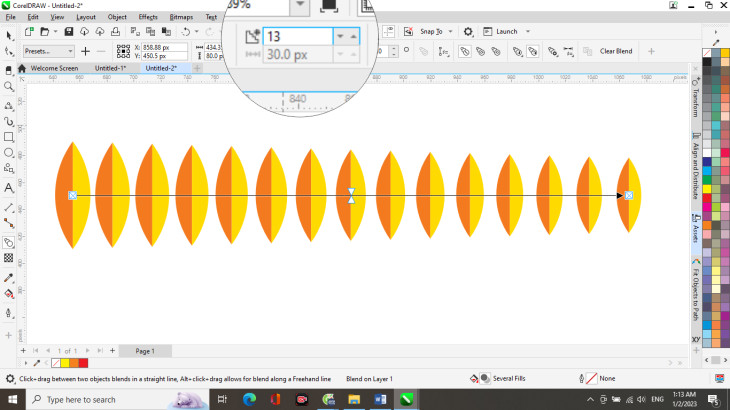 Vẽ bông lúa trong CorelDRAW: Hình ảnh chuỗi Blend hạt thóc