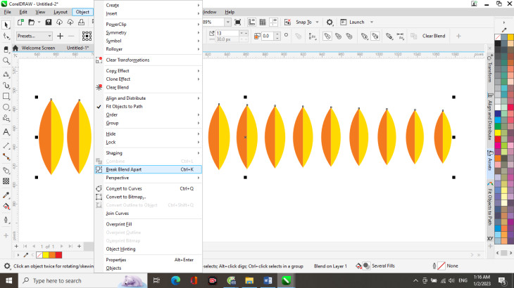 Vẽ bông lúa trong CorelDRAW: Hình ảnh Blend sau khi tách