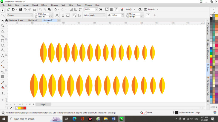 Vẽ bông lúa trong CorelDRAW: Hình ảnh hai chuỗi hạt thóc với kích thước khác nhau