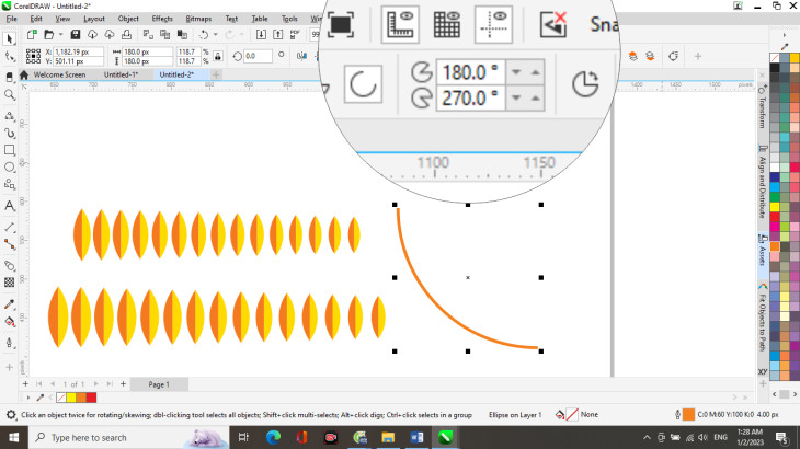 Vẽ bông lúa trong CorelDRAW: Hình ảnh cung tròn làm thân bông lúa