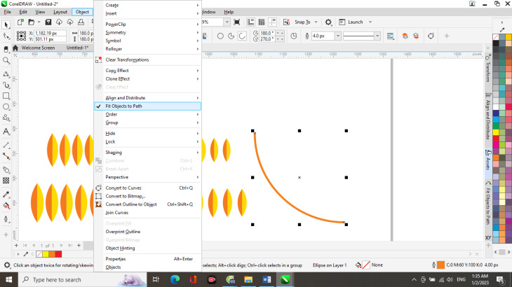 Vẽ bông lúa trong CorelDRAW: Hình ảnh Docker Fit Objects to Path
