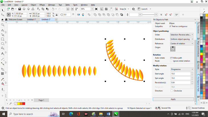 Vẽ bông lúa trong CorelDRAW: Thiết lập Fit Objects to Path cho hạt lúa phía trên