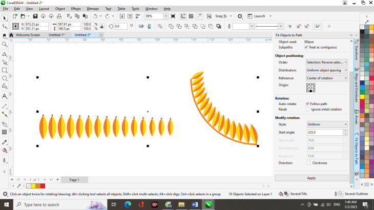 Vẽ bông lúa trong CorelDRAW: Thiết lập Fit Objects to Path cho hạt lúa phía dưới